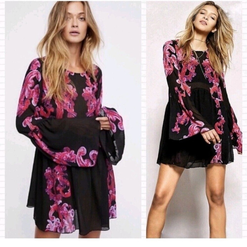 Intimately Free People Women’s Tunic M Printed Symphony Black Pink Sheer Boho